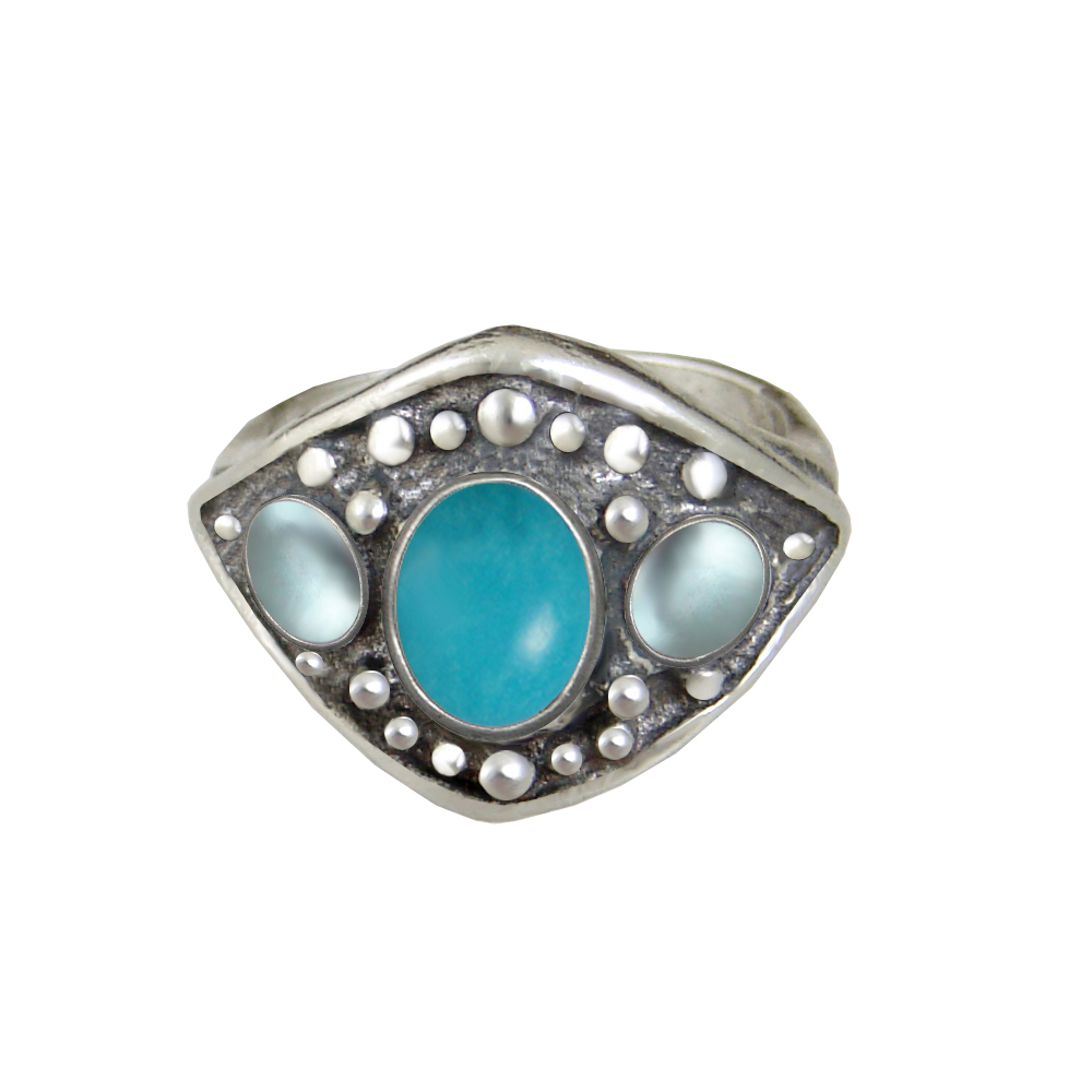 Sterling Silver Medieval Lady's Ring with Turquoise And Blue Topaz Size 7